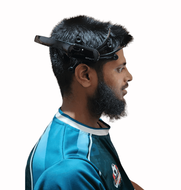 Tanvir wearing a 14-channel Emotiv EPOC X EEG headset during a laptop-based cognitive load experiment